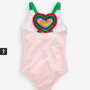 Mini Boden Pink and White Striped Swimsuit with Heart Appliqué